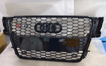 For 2007-2011 Audi A5 S5 8T Front Main Grille Gloss Black Honeycomb RS Style Grill with Emblem