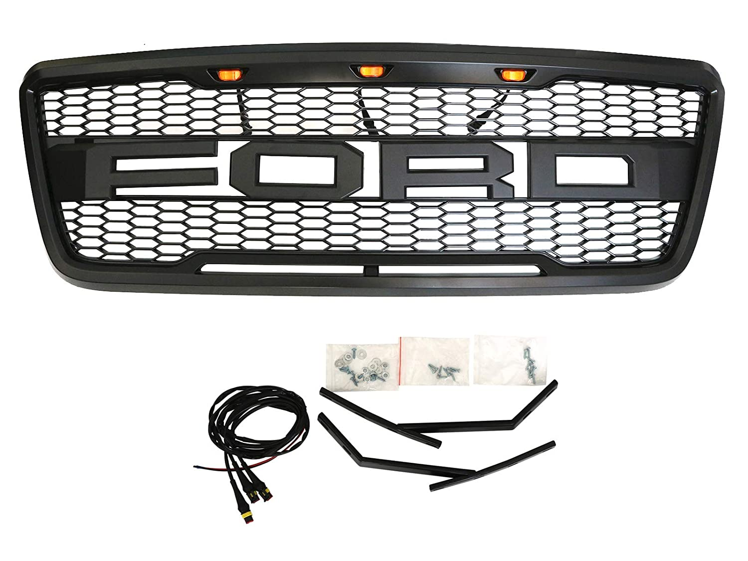 Raptor Style Grill for 2004-2008 Ford F-150 F150 Upper Grille Hood Mesh Black w/Letters