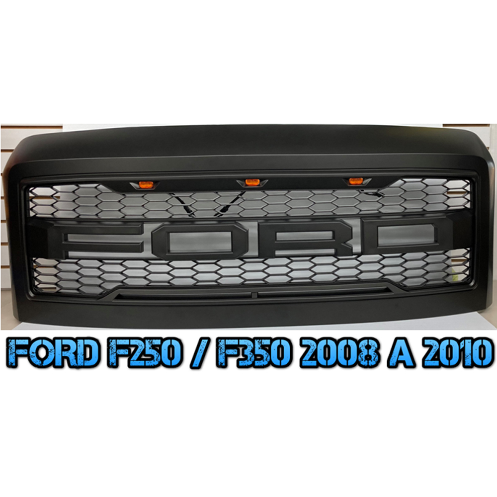 For 2008-2010 Ford F250 F350 Super Duty Grill Raptor Style Front Grille W/ Light & Letter Matte Black