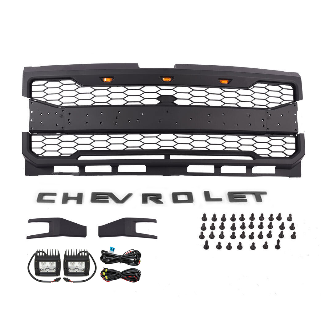 For 2019 2020 Chevrolet Silverado 1500 Front Grille Grill With 3+2 LED Light Matte Black