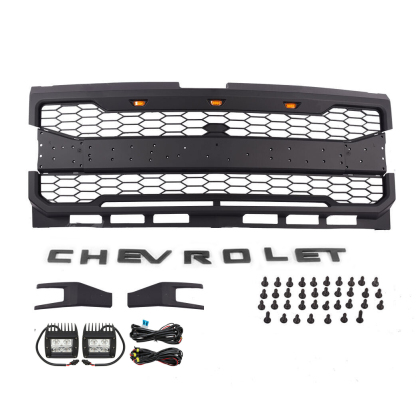For 2019 2020 Chevrolet Silverado 1500 Front Grille Grill With 3+2 LED Light Matte Black