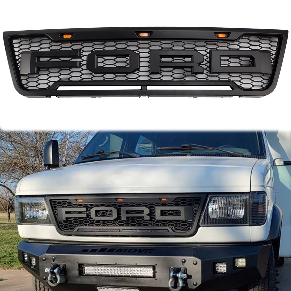 For 2003-2007 Ford E150 E250 E350 Grill Front Bumper Grille With LED Lights
