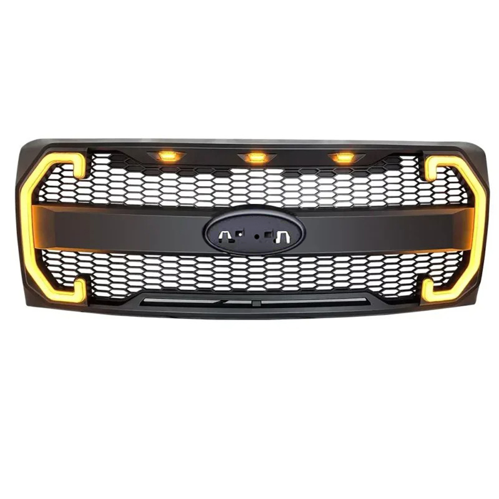 For Ford F150 2009-2014 Grill Raptor Style Front Grille Matte Black  Mesh With Emblem Hole & Turn Light