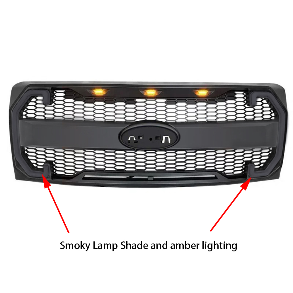 For Ford F150 2009-2014 Grill Raptor Style Front Grille Matte Black  Mesh With Emblem Hole & Turn Light