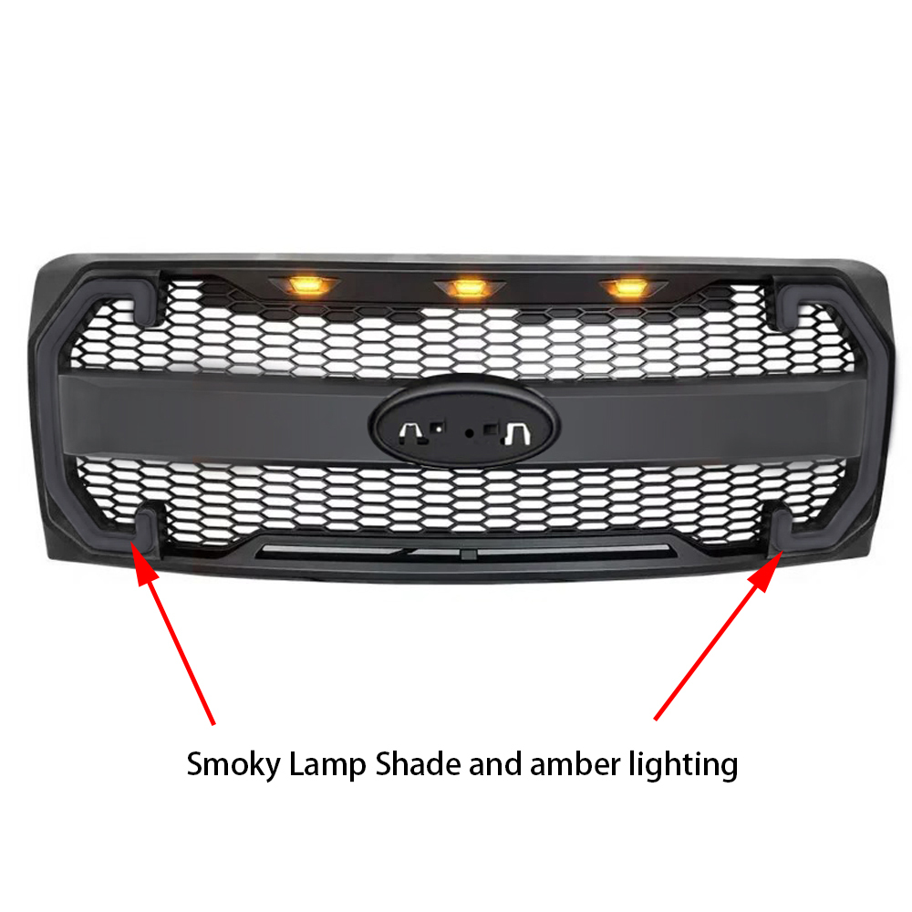 For Ford F150 2009-2014 Grill Raptor Style Front Grille Matte Black  Mesh With Emblem Hole & Turn Light