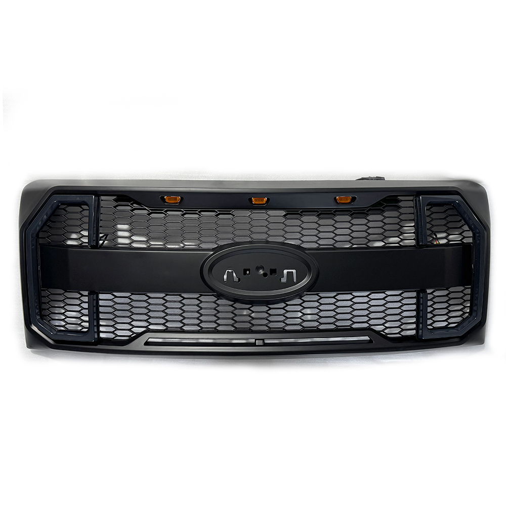 For Ford F150 2009-2014 Grill Raptor Style Front Grille Matte Black  Mesh With Emblem Hole & Turn Light