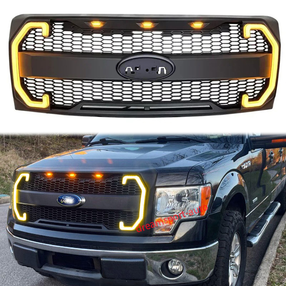 For Ford F150 2009-2014 Grill Raptor Style Front Grille Matte Black  Mesh With Emblem Hole & Turn Light