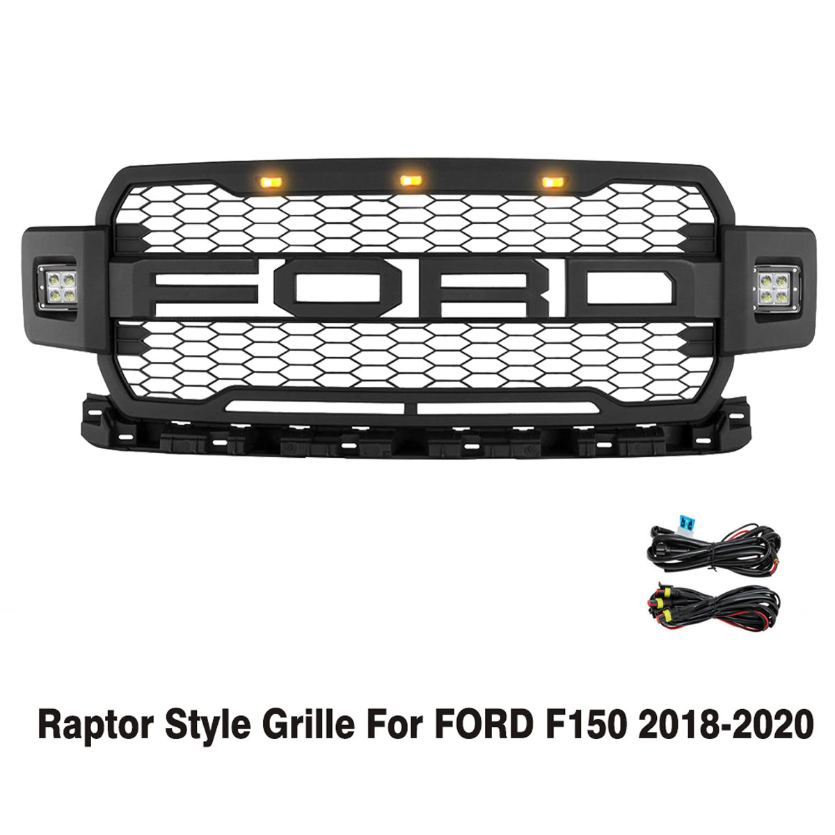 For 2018-2020 Ford F150 Grill Raptor Style Front Grille Mesh Black With Letters & LED Lights