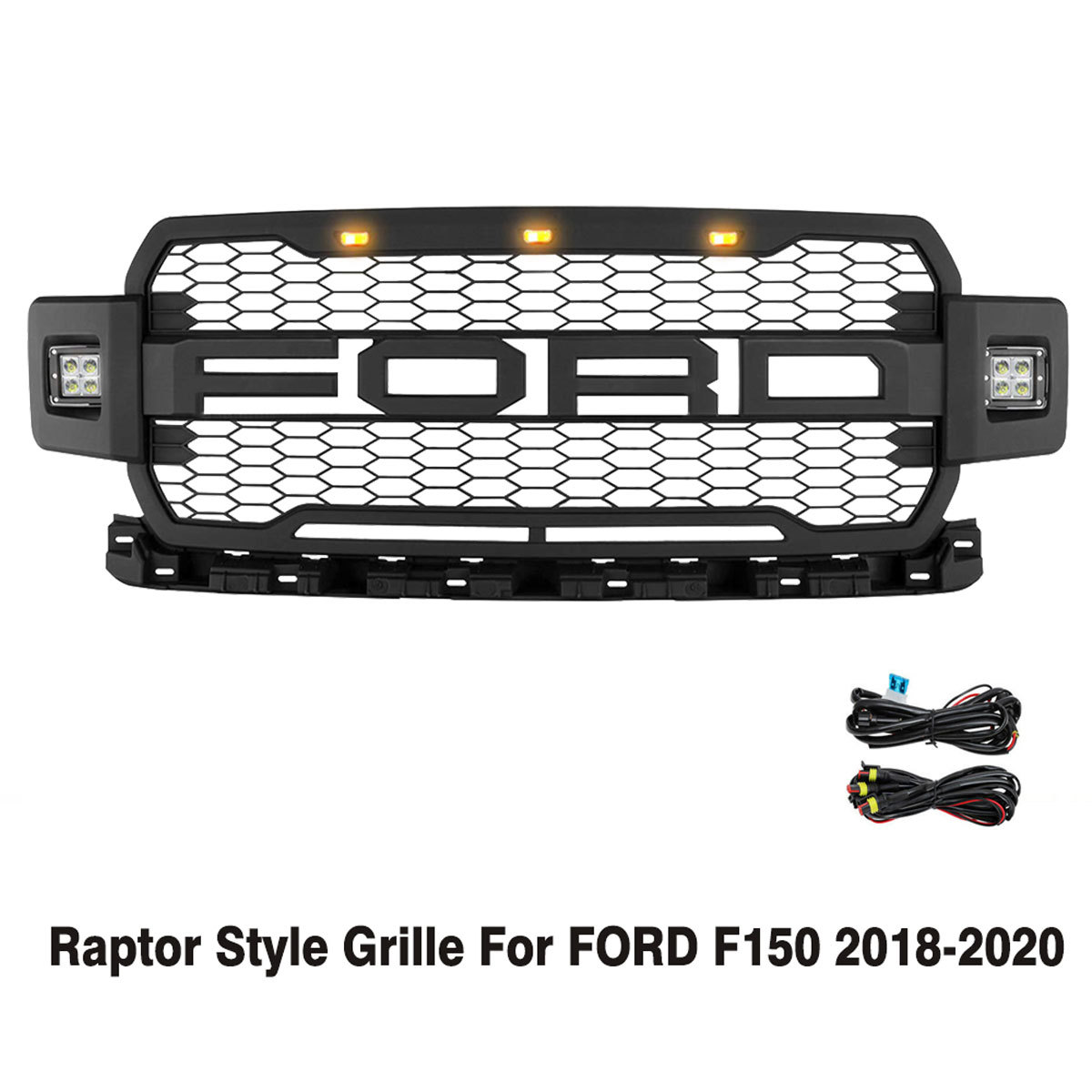 For 2018-2020 Ford F150 Grill Raptor Style Front Grille Mesh Black With Letters & LED Lights