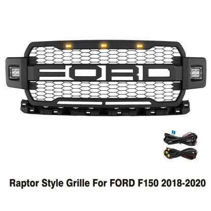 For 2018-2020 Ford F150 Grill Raptor Style Front Grille Mesh Black With Letters & LED Lights