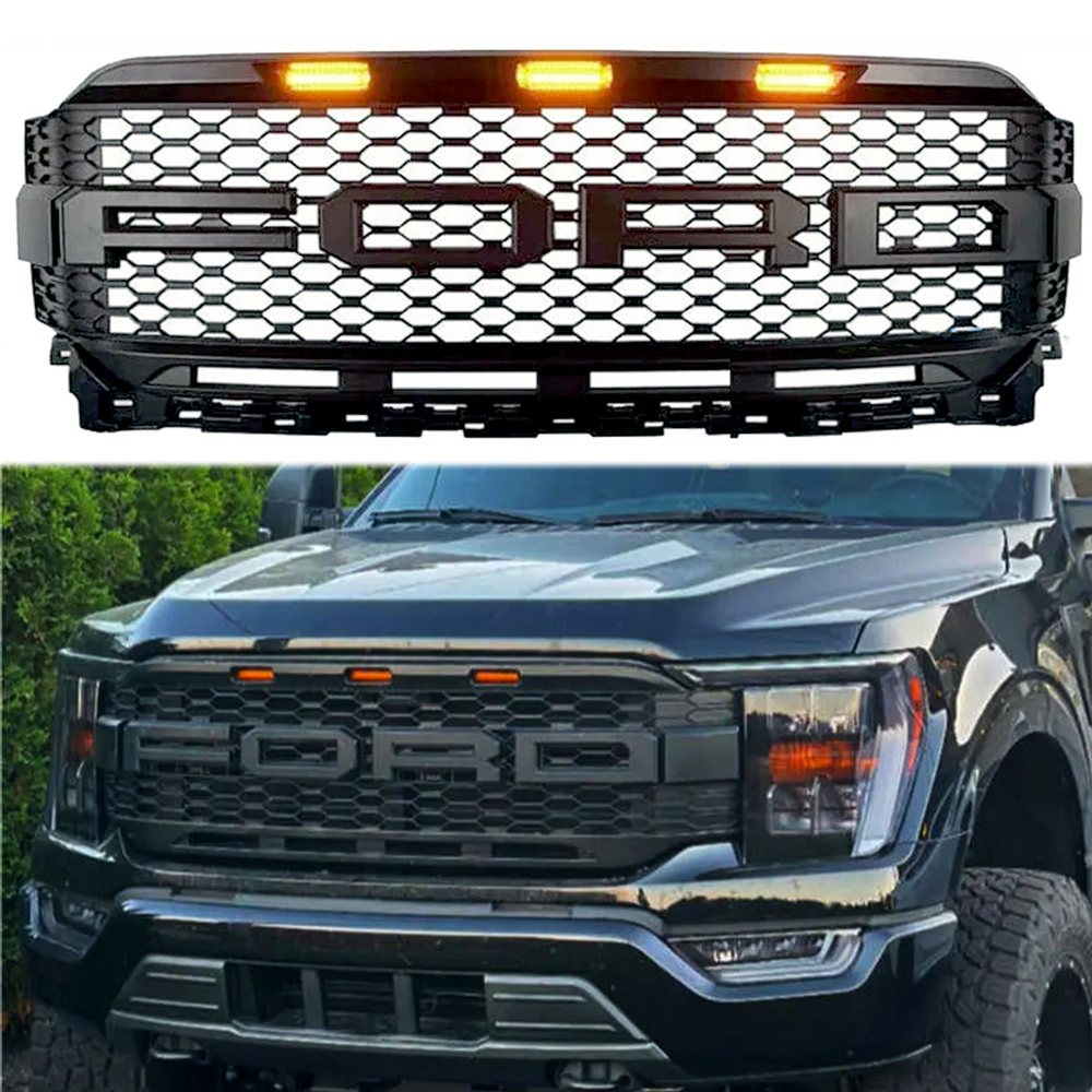 For Ford F150 2021-2023  Front Grill Matte Black Raptor Style Grille With LED Lights & Letter