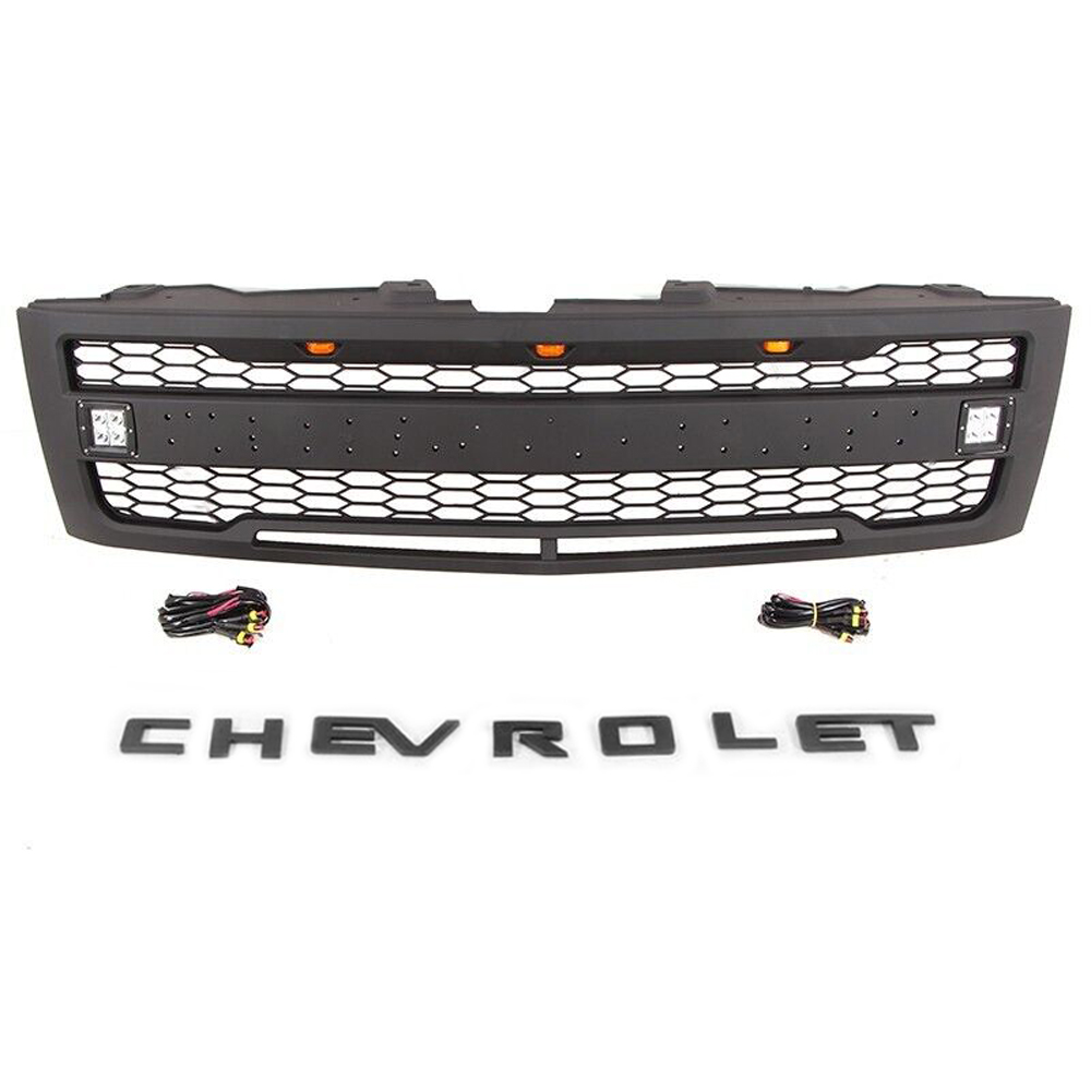 For 2007-2013 Chevrolet Silverado 1500 Front Grille Grill Mesh With 3+2 LED Light