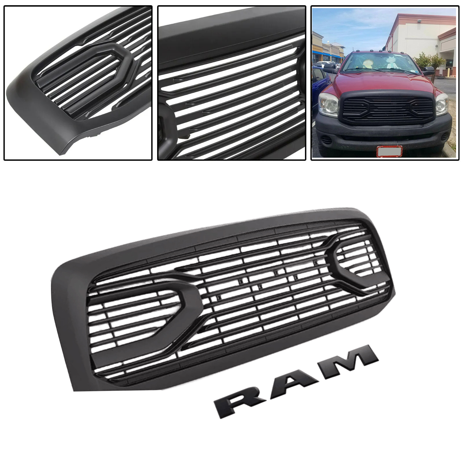 Front Big Horn Style Grille for 2006-2008 Dodge RAM 1500 Grill Matte Black with Letters