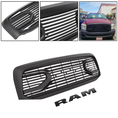 Front Big Horn Style Grille for 2006-2008 Dodge RAM 1500 Grill Matte Black with Letters