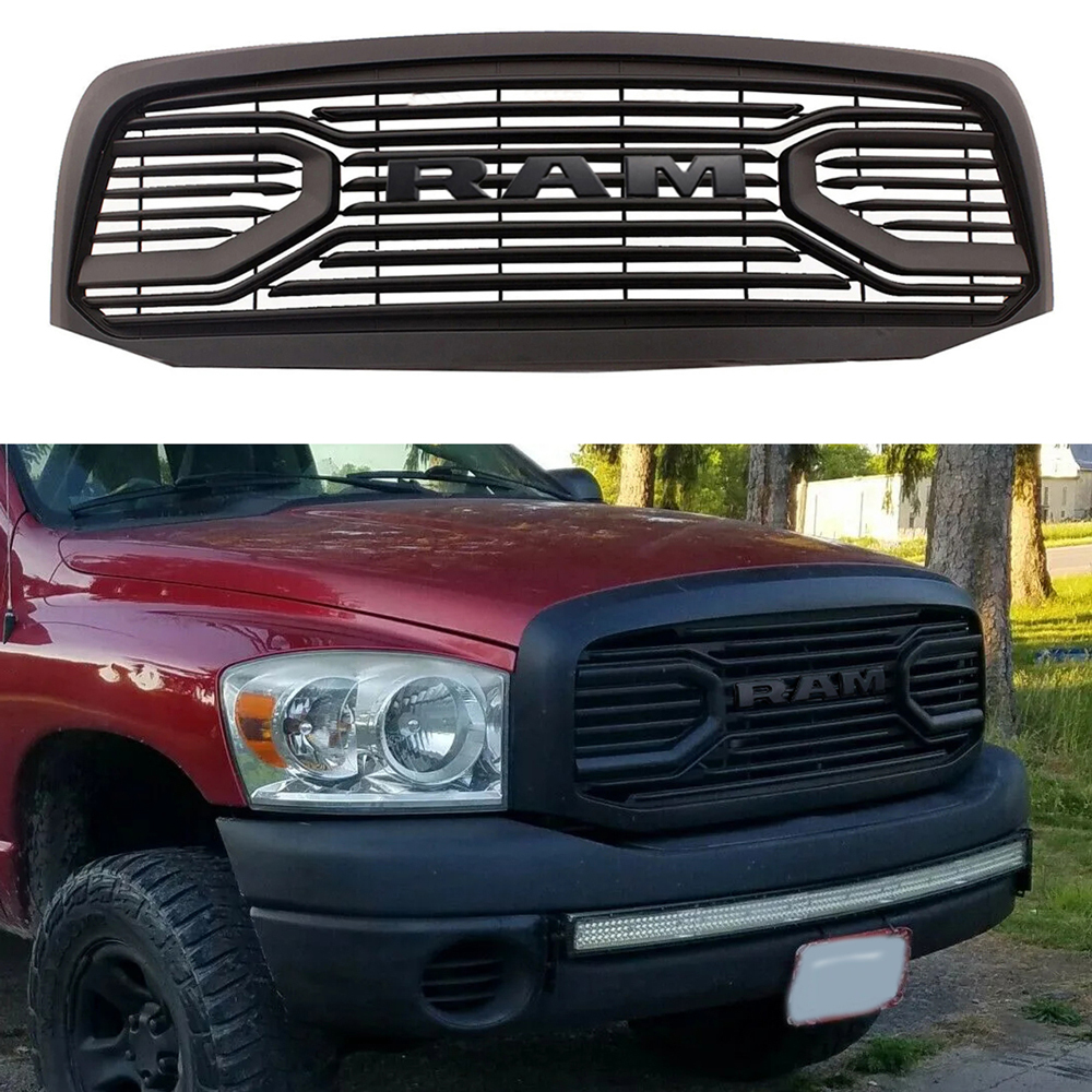 Front Big Horn Style Grille for 2006-2008 Dodge RAM 1500 Grill Matte Black with Letters