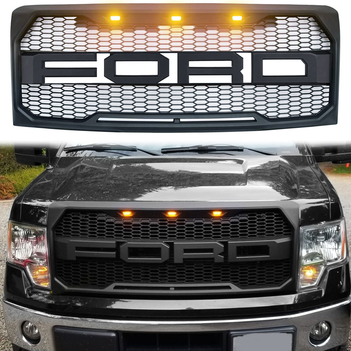 For 2009-2014 Ford F150 F-150 Raptor Style Grille Front Grill with Light Matte Black 