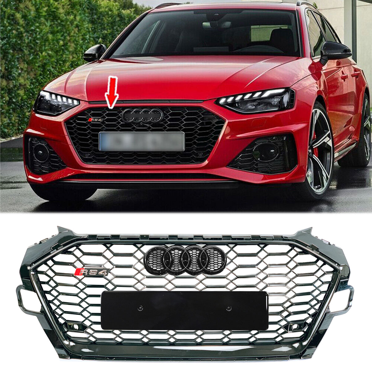 For 2020-2022 Audi A4 S4 B9.5 RS4 Style Front Grille Honeycomb Grill Gloss Black