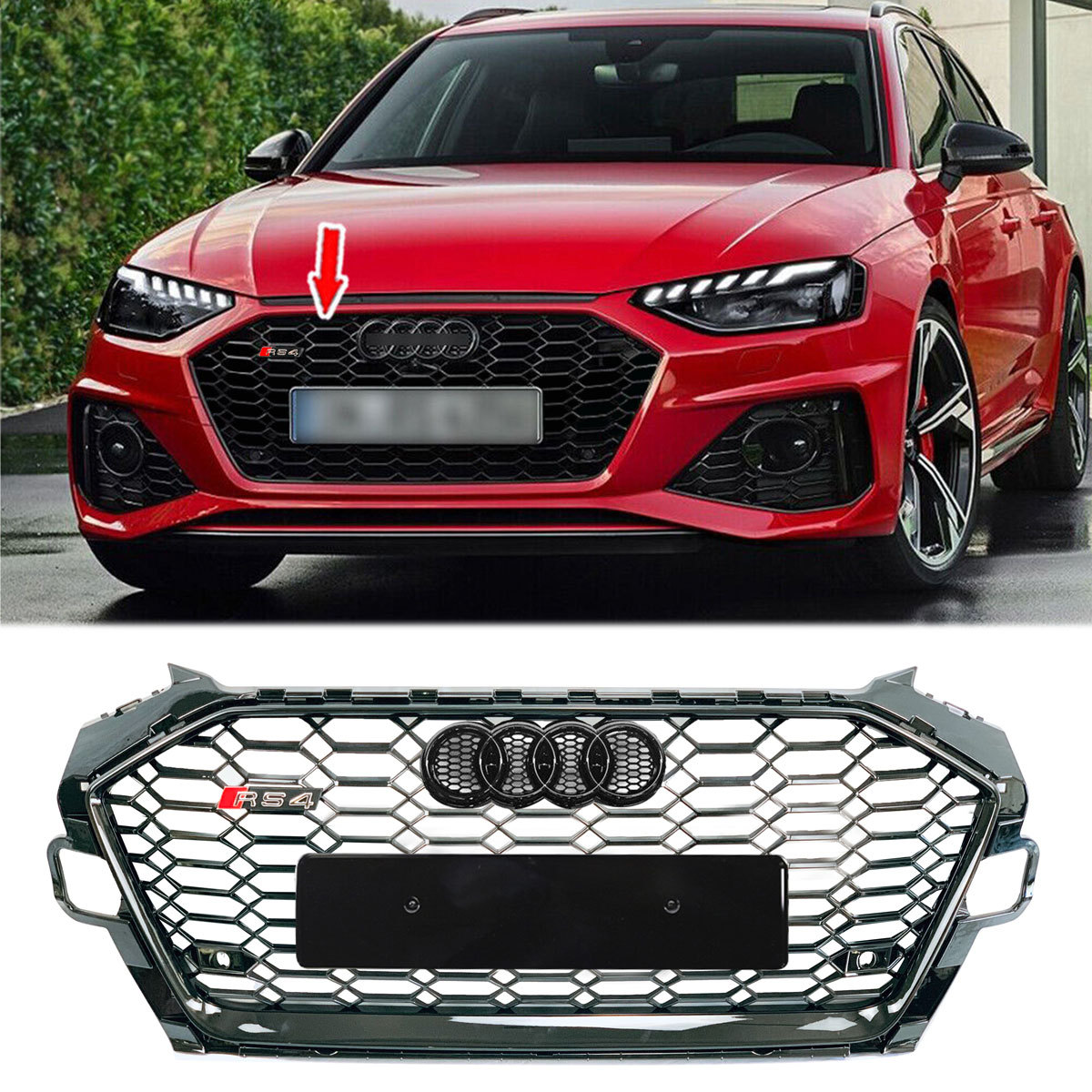 For 2020-2022 Audi A4 S4 B9.5 RS4 Style Front Grille Honeycomb Grill Gloss Black