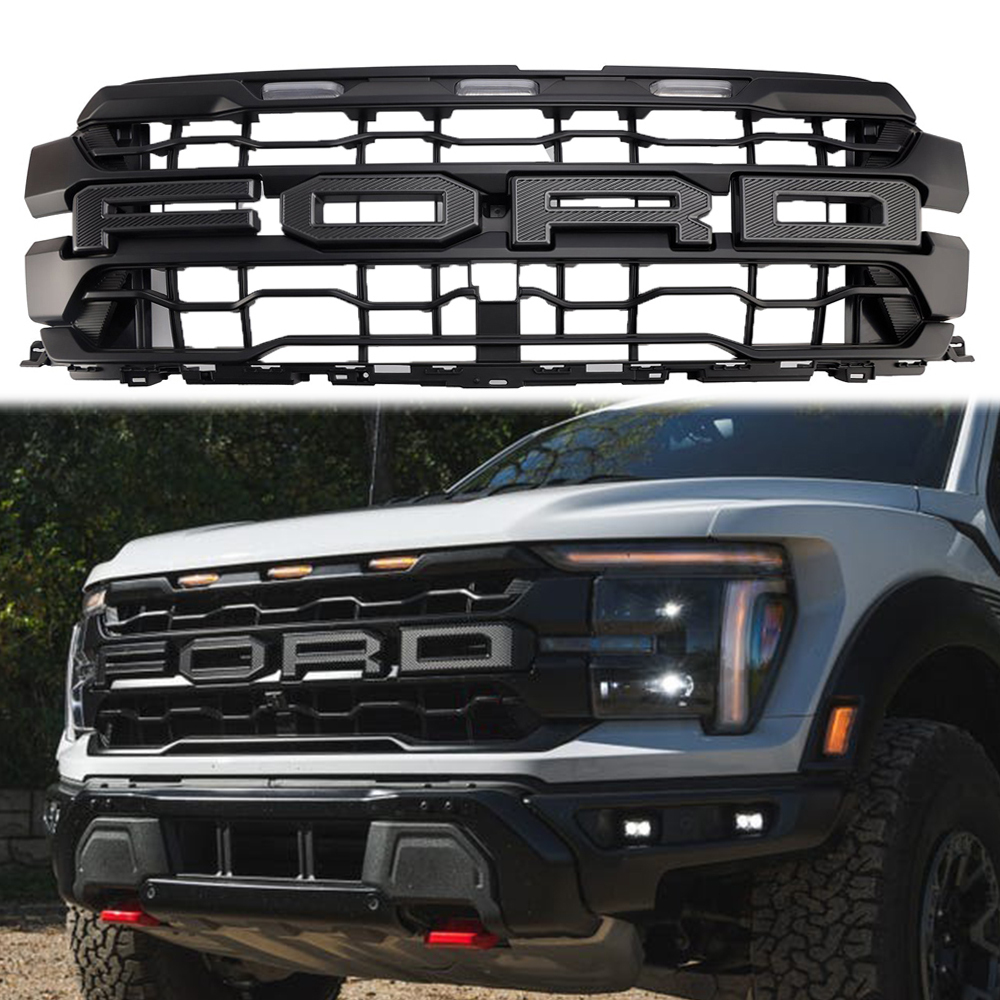 Front Grille For 2024-2025 Ford F150 Raptor Grill Mesh With Letter & LED Light