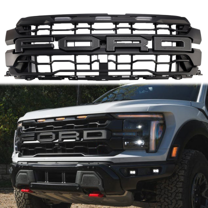 Front Grille For 2024-2025 Ford F150 Raptor Grill Mesh With Letter & LED Light