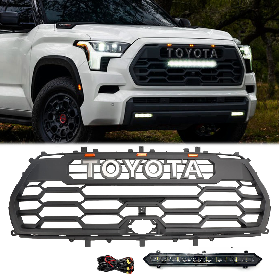 For Toyota Sequoia 2023 2024 Grill Matte Black Front Grille With LED Light & Letter