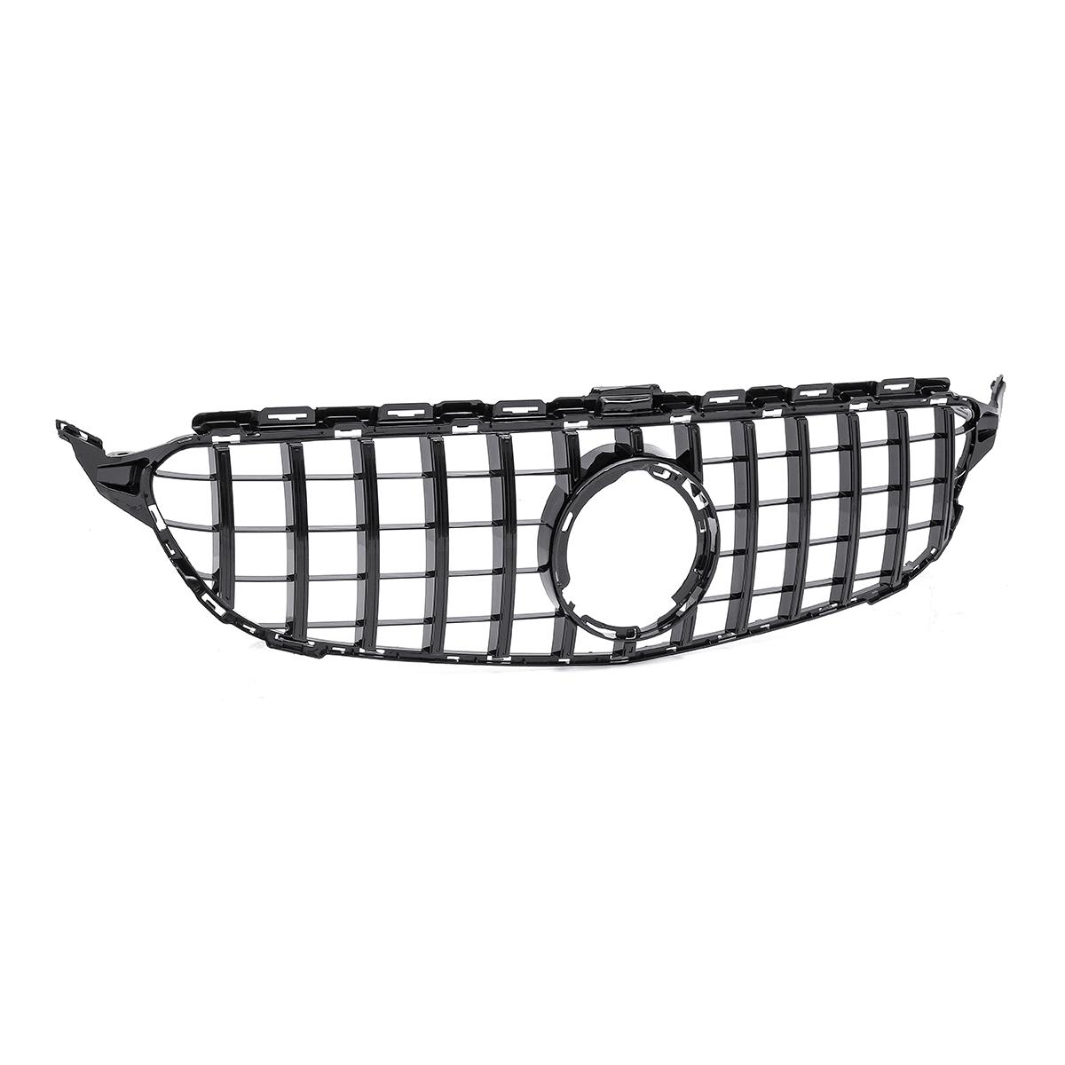 For Mercedes Benz W205 C-Class 2015-2018 Grill GT R Style Front Grille with Emblem Gloss Black
