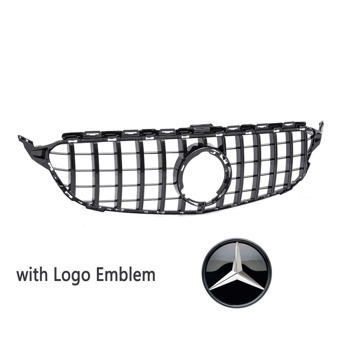 For Mercedes Benz W205 C-Class 2015-2018 Grill GT R Style Front Grille with Emblem Gloss Black