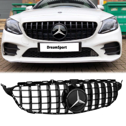 For Mercedes Benz W205 C-Class 2015-2018 Grill GT R Style Front Grille with Emblem Gloss Black