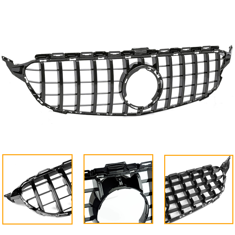 For Mercedes Benz W205 C-Class 2015-2018 Grill GT R Style Front Grille with Emblem Gloss Black