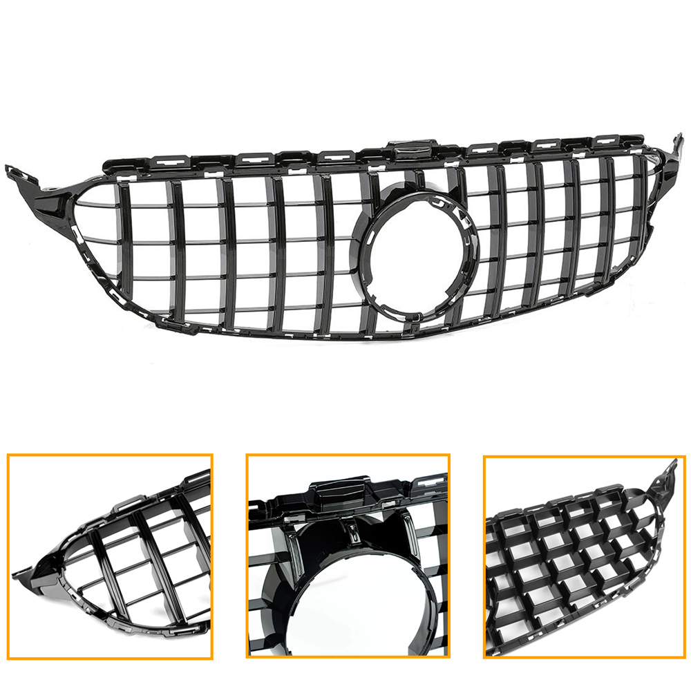 For Mercedes Benz W205 C-Class 2015-2018 Grill GT R Style Front Grille with Emblem Gloss Black