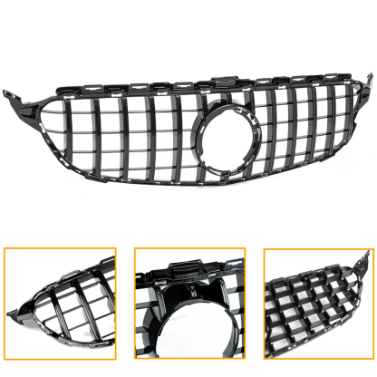 For Mercedes Benz W205 C-Class 2015-2018 Grill GT R Style Front Grille with Emblem Gloss Black
