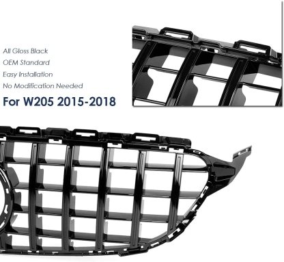 For Mercedes Benz W205 C-Class 2015-2018 Grill GT R Style Front Grille with Emblem Gloss Black