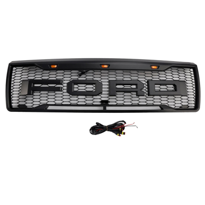 For 1992-1996 Ford F150 / Bronco Grill Raptor Style Front Grille With LED Light & Letters Matte Black