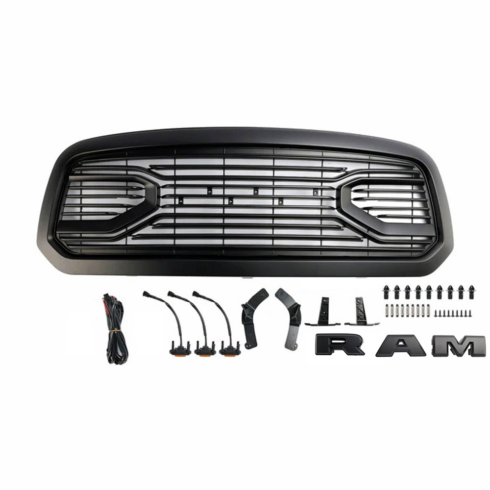 For 2013-2018 Dodge Ram 1500 Grill Big Horn Style Front Grille with LED Light Matte Black