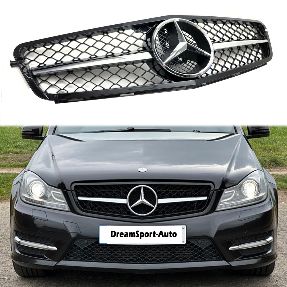 For 2008-2013 Mercedes Benz W204 C-Class C200 C250 C300 C350 Grill Chrome+ Black Front Grille with Emblem