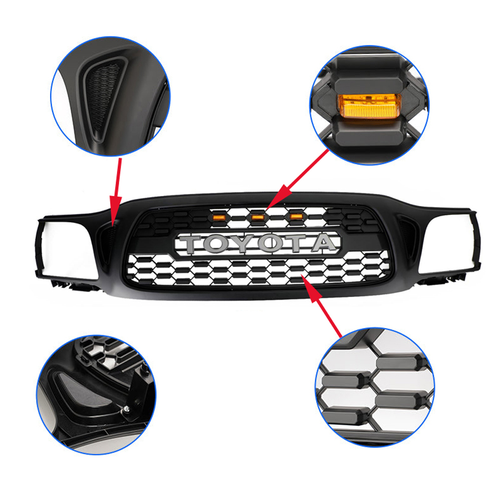 For 2001-2004 Toyota Tacoma Front Grill Grille With LED Light & Letter Matte Black
