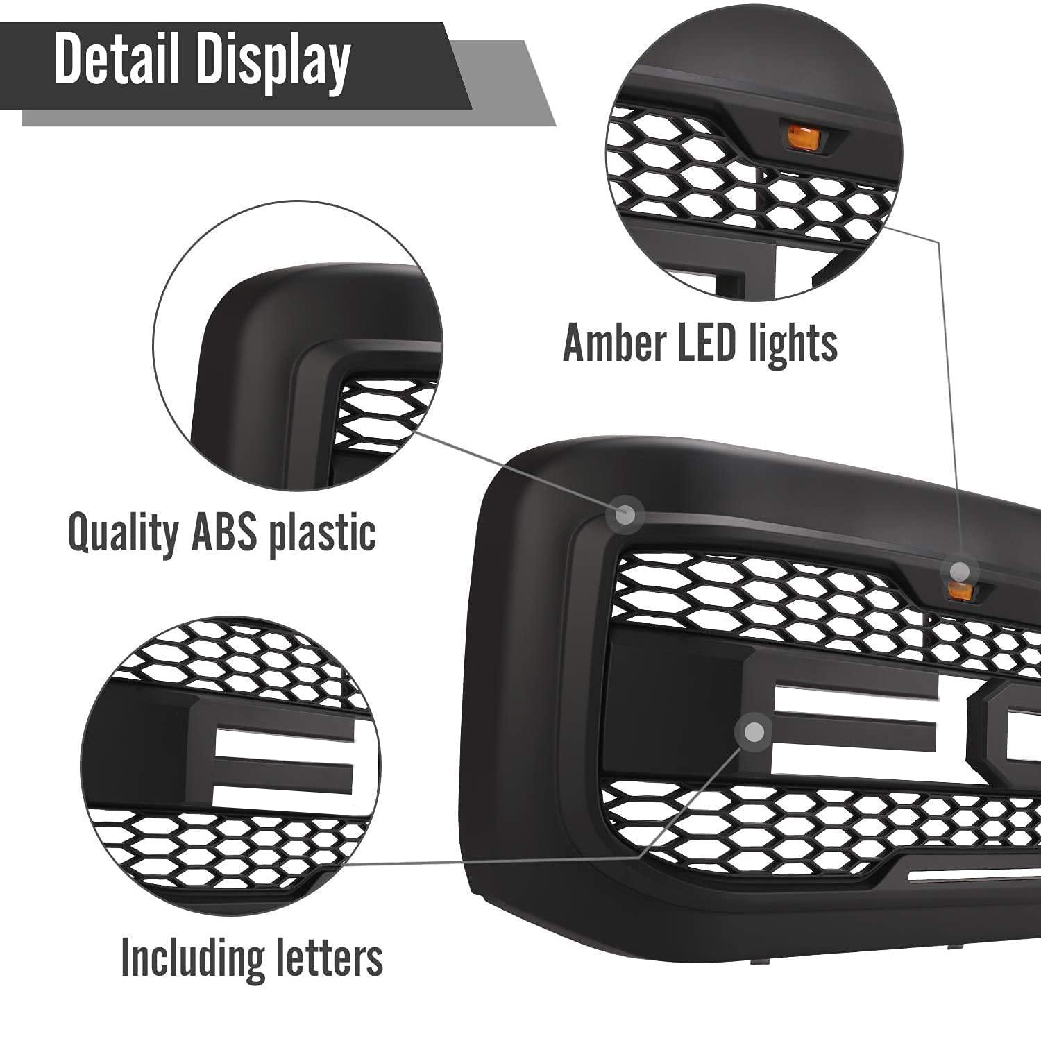 For 1999-2004 Ford F250 F350 Super Duty Grill Raptor Style Front Grille with Light and Letter Matte Black