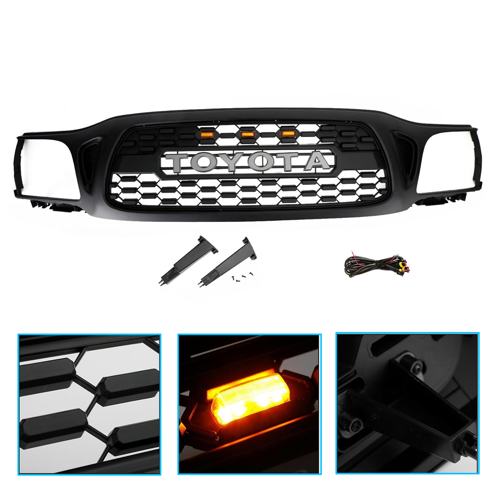 For 2001-2004 Toyota Tacoma Front Grill Grille With LED Light & Letter Matte Black