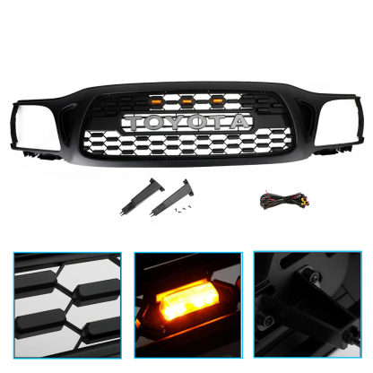 For 2001-2004 Toyota Tacoma Front Grill Grille With LED Light & Letter Matte Black