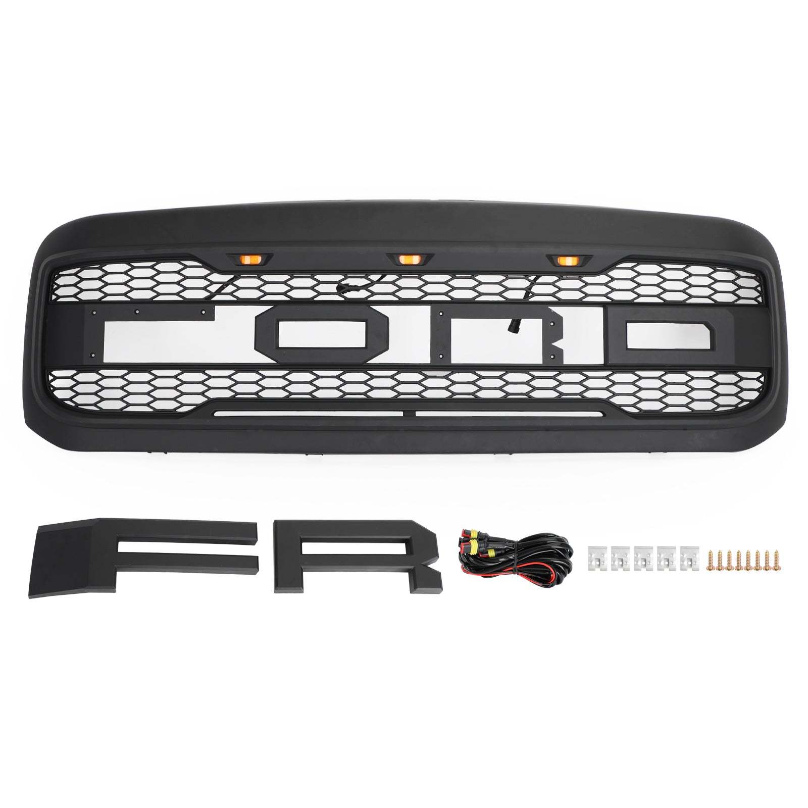 For 1999-2004 Ford F250 F350 Super Duty Grill Raptor Style Front Grille with Light and Letter Matte Black