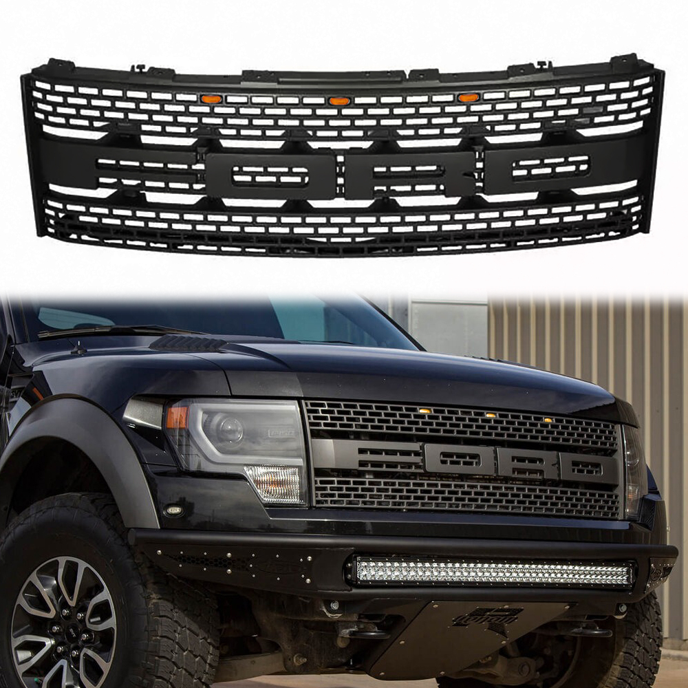 For 2010-2014 Ford F150 SVT Raptor Grill Black Pearl Front Grille with Amber LED Light