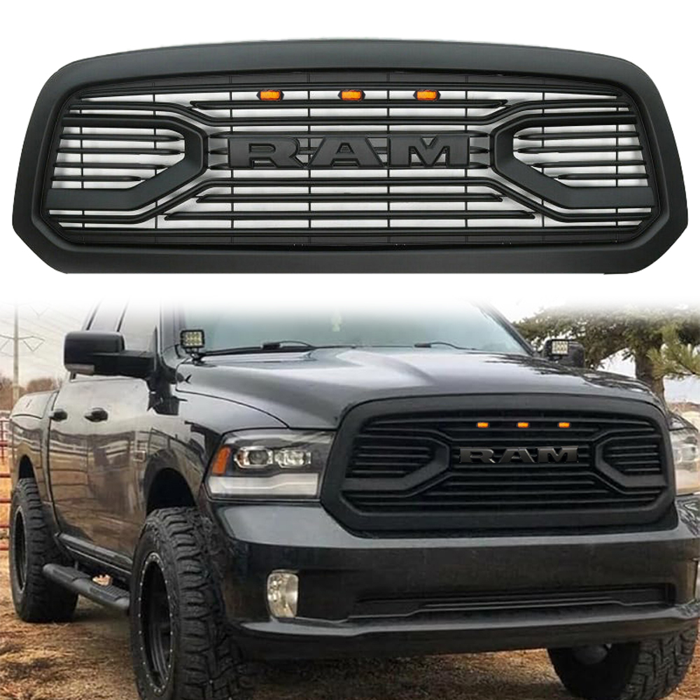 For 2013-2018 Dodge Ram 1500 Grill Big Horn Style Front Grille with LED Light Matte Black
