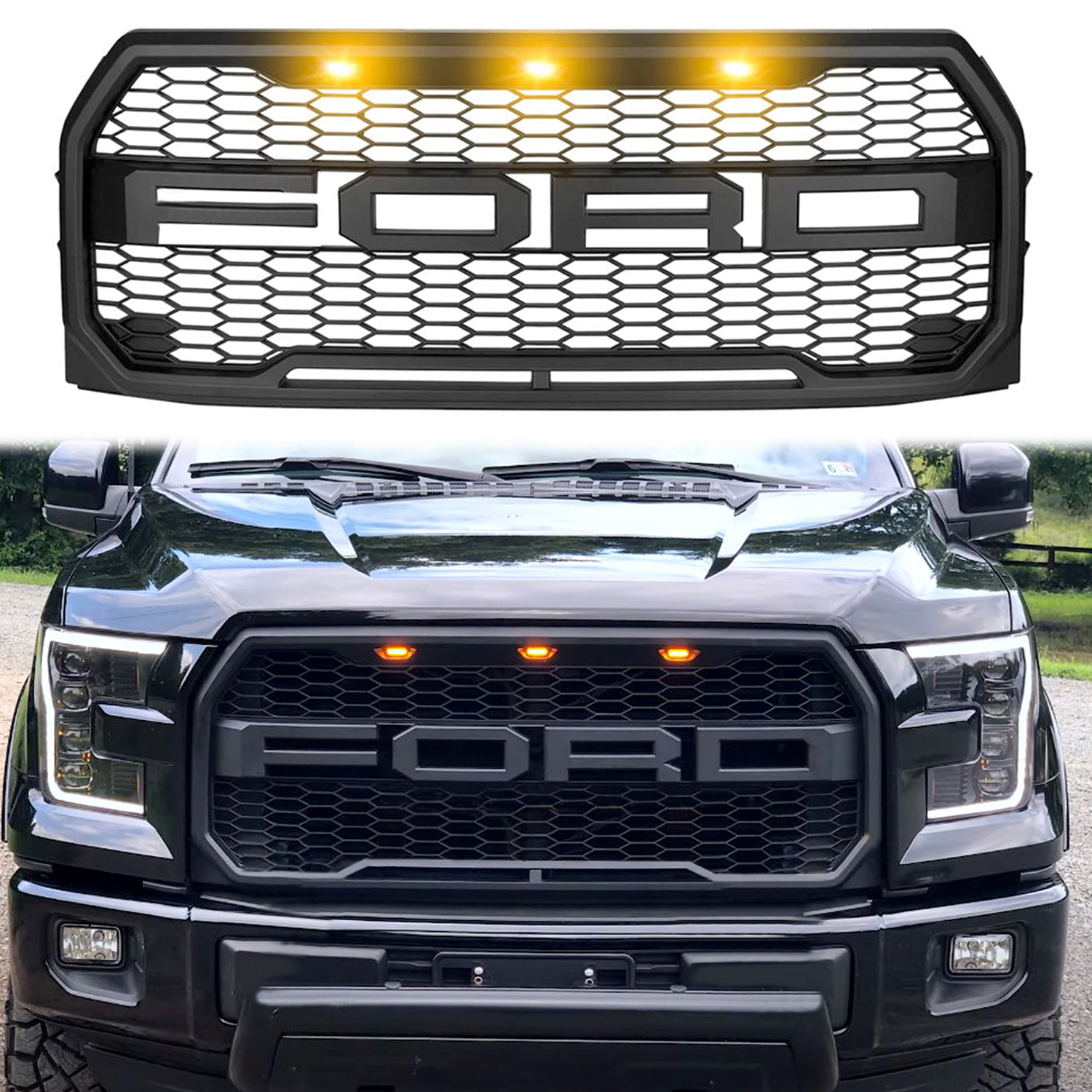 Raptor Style Grille For 2015-2017 Ford F150 Front Grill Matte Black With Letters & LED Lights