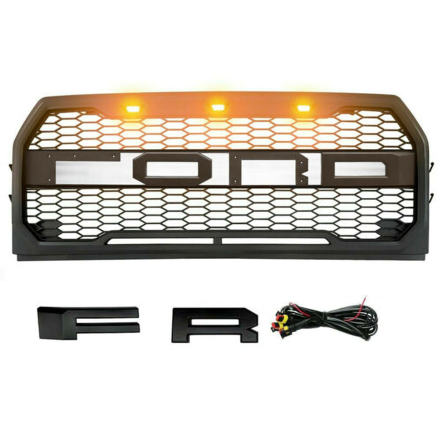 Raptor Style Grille For 2015-2017 Ford F150 Front Grill Matte Black With Letters & LED Lights