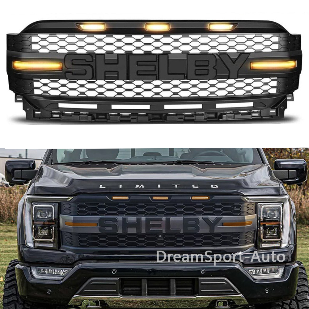 Front Grille For 2021-2023 Ford F150 Grill SHELBY Style Mesh With LED Light & Letter