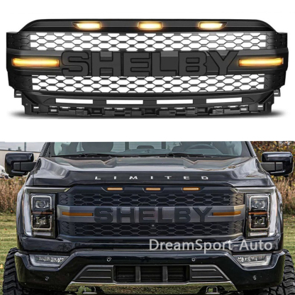 Front Grille For 2021-2023 Ford F150 Grill SHELBY Style Mesh With LED Light & Letter