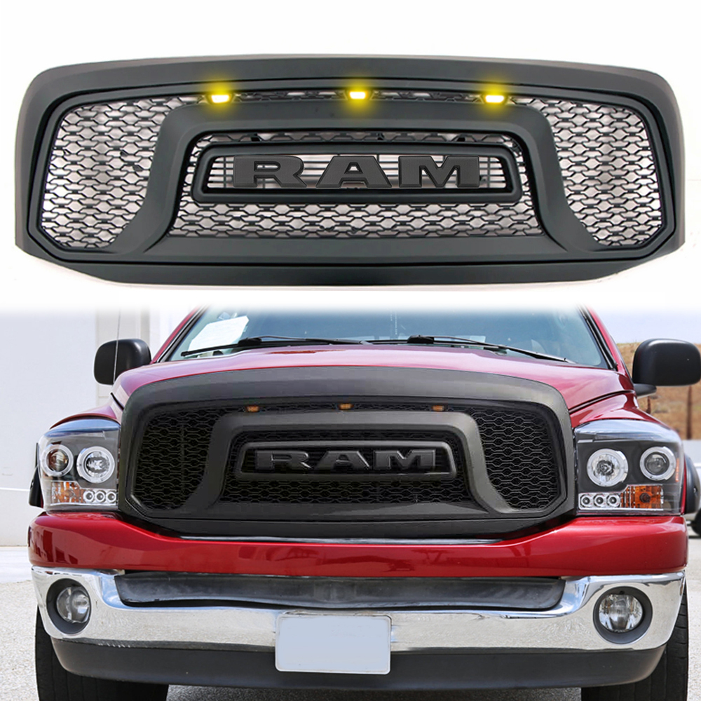 For 2006-2008 Dodge RAM 1500 Grill Front Rebel Style Grille Matte Black with Light