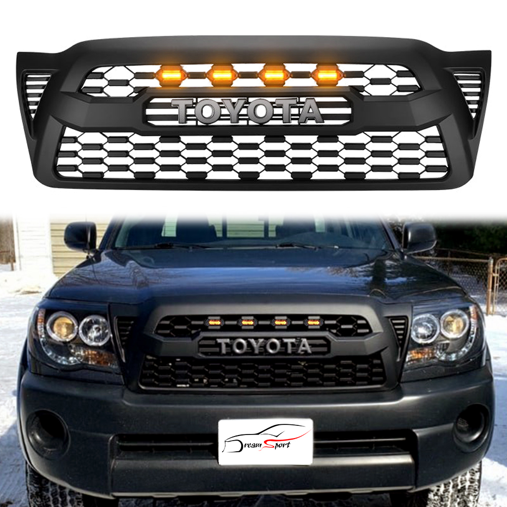For 2005-2011 Toyota Tacoma Trd Pro Front Grill Grille with LED Light Matte Black