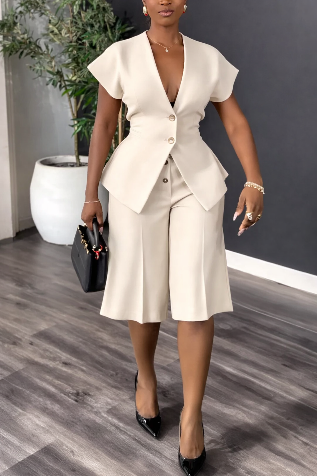 Womens V-neck Jacket+ Pants Casual Set with Temperament