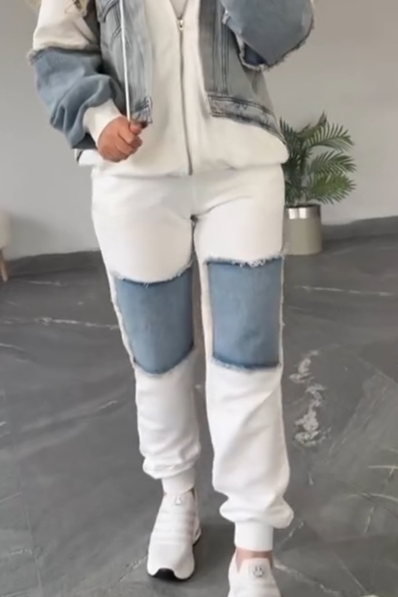 Women Collared Patchwork Denim Casual Suit